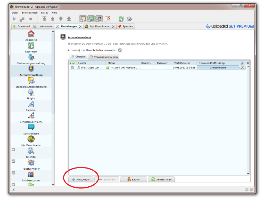 linksnappy jdownloader einzufügen