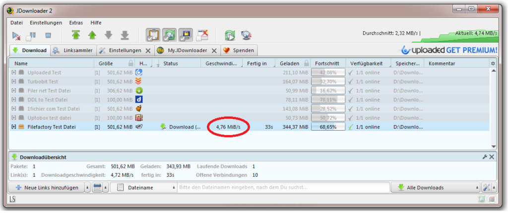 Filefactory Linksnappy download test with the multihoster
