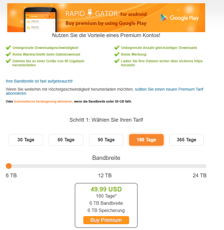 Rapidgator Hinweis Bandbreite fast aufgebraucht und Premium-Tarife