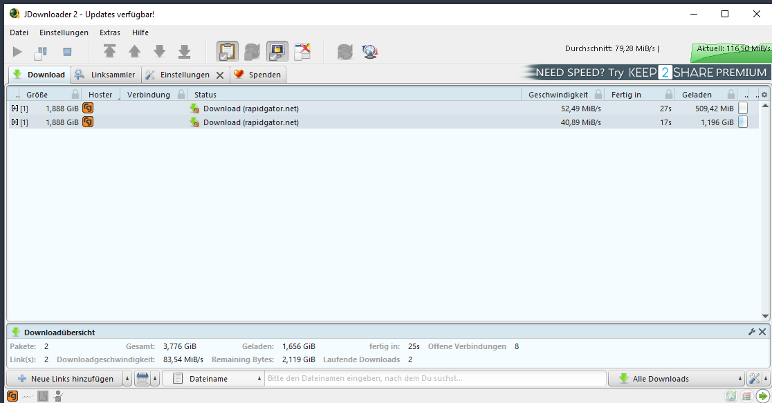 Rapidgator Premium im JDownloader mit zwei parallelen schnellen Downloads
