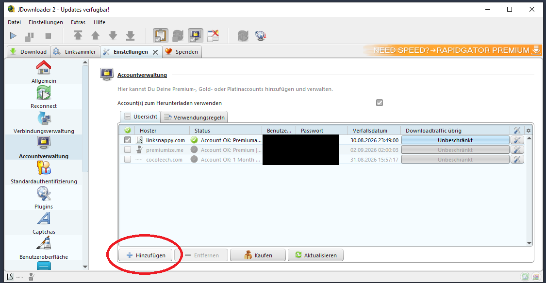 JDownloader Accountverwaltung mit Schaltfläche Hinzufügen