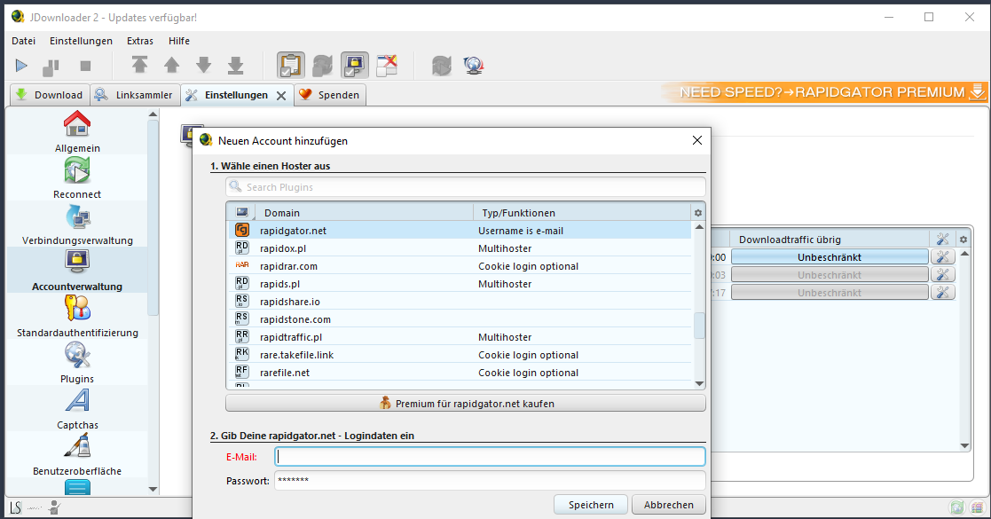 Rapidgator.net Account im JDownloader mit E-Mail und Passwort hinzufügen