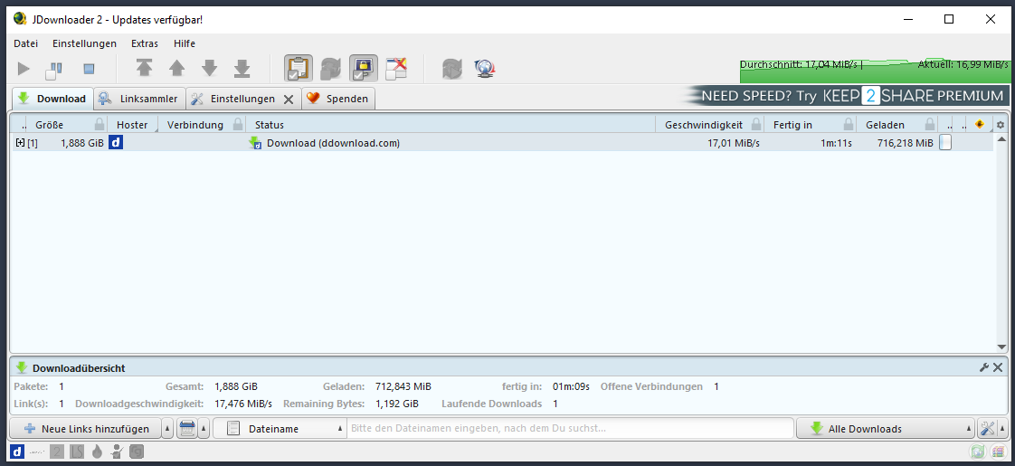 DDownload Ultimate mit JDownloader rund 17 MiB pro Sekunde