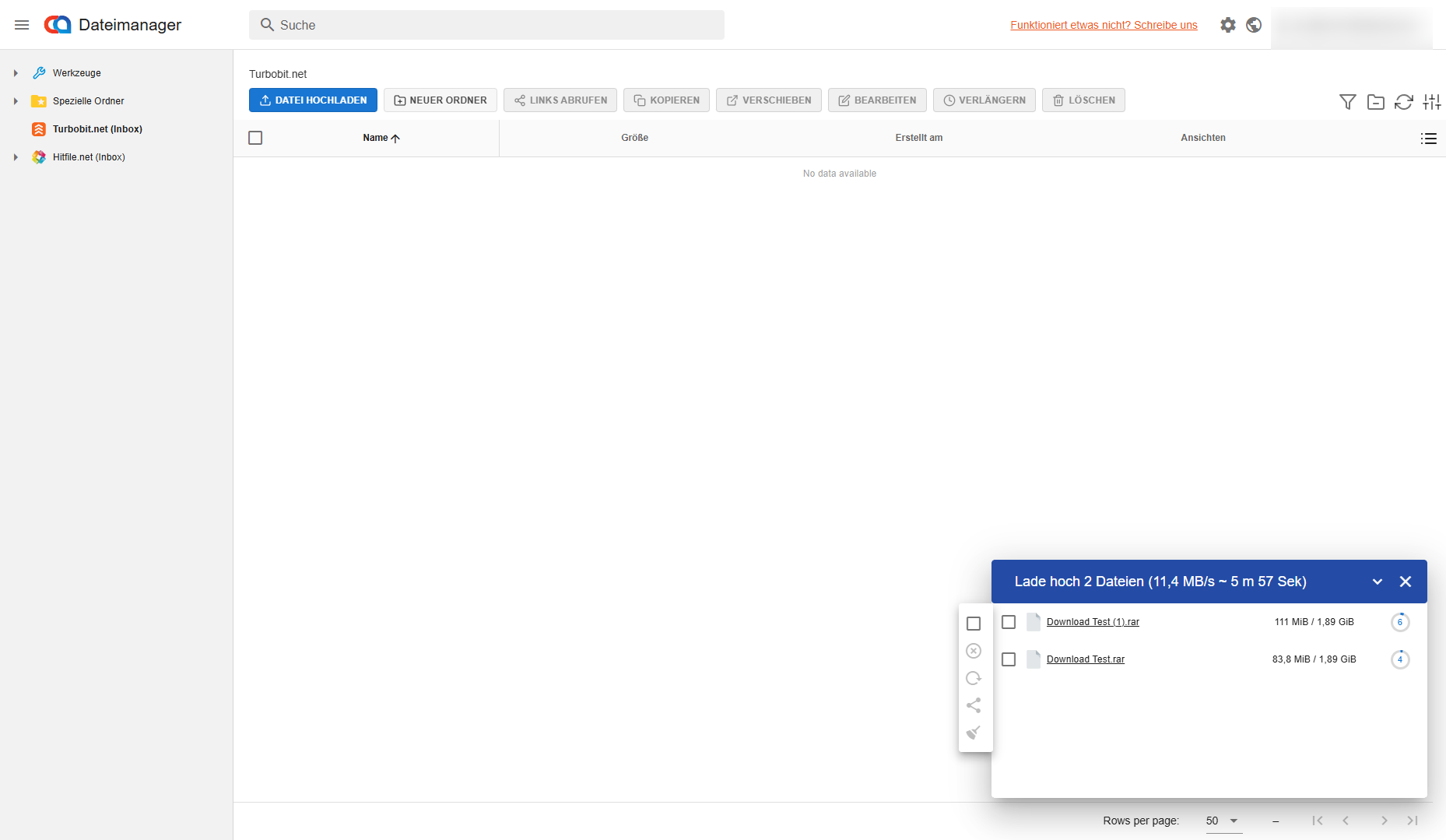 Coastaction-Dateimanager mit getrennten Bereichen für Turbobit und Hitfile