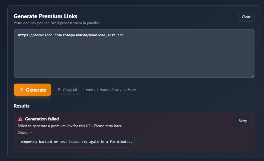 Cocoleech DDownload Downloader mit Fehlermeldung bei der Premium-Link-Generierung