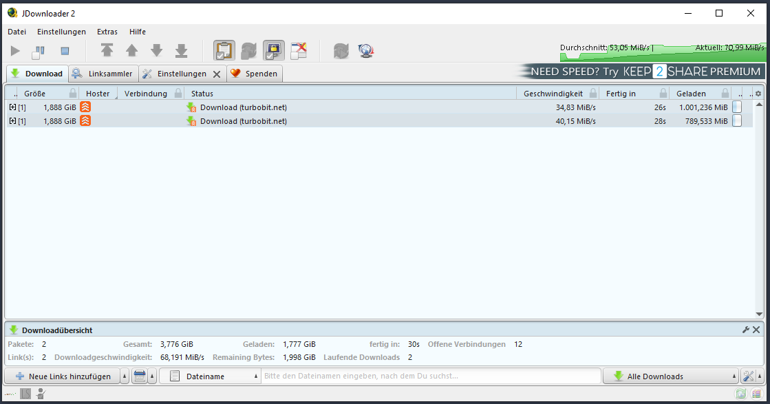 Cocoleech Turbobit Speedtest im JDownloader mit mehr als 70 MiB pro Sekunde