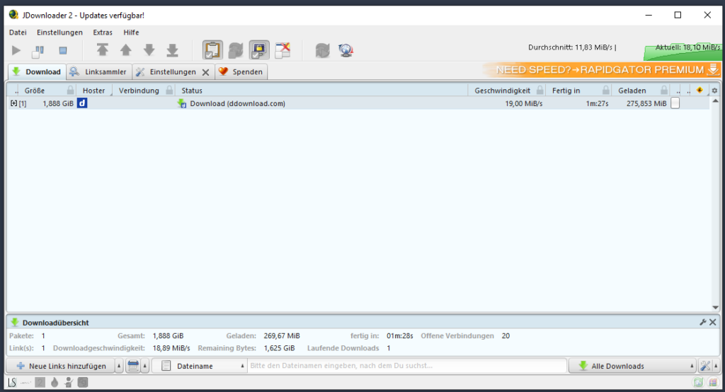 JDownloader Download über LinkSnappy und DDownload mit iTop VPN bei ungefähr 19 MB pro Sekunde