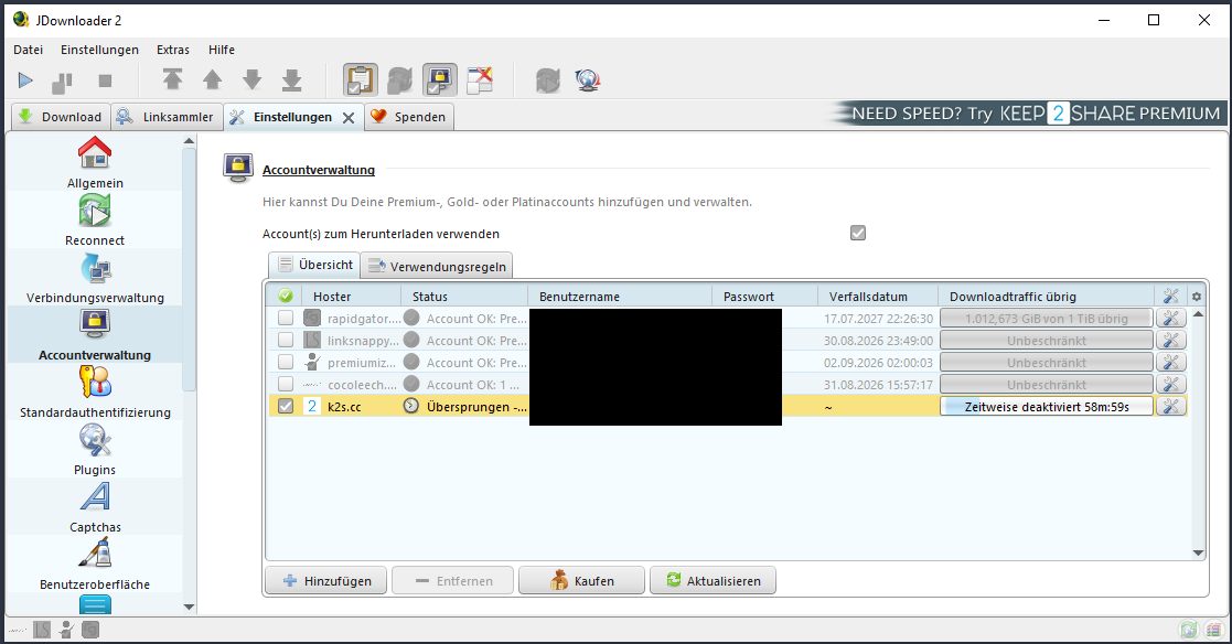 Keep2Share Account im JDownloader vorübergehend deaktiviert