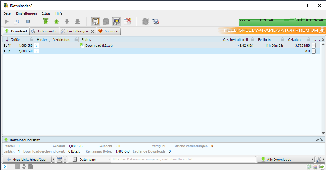 Keep2Share Free Download im JDownloader mit rund 50 Kilobyte pro Sekunde