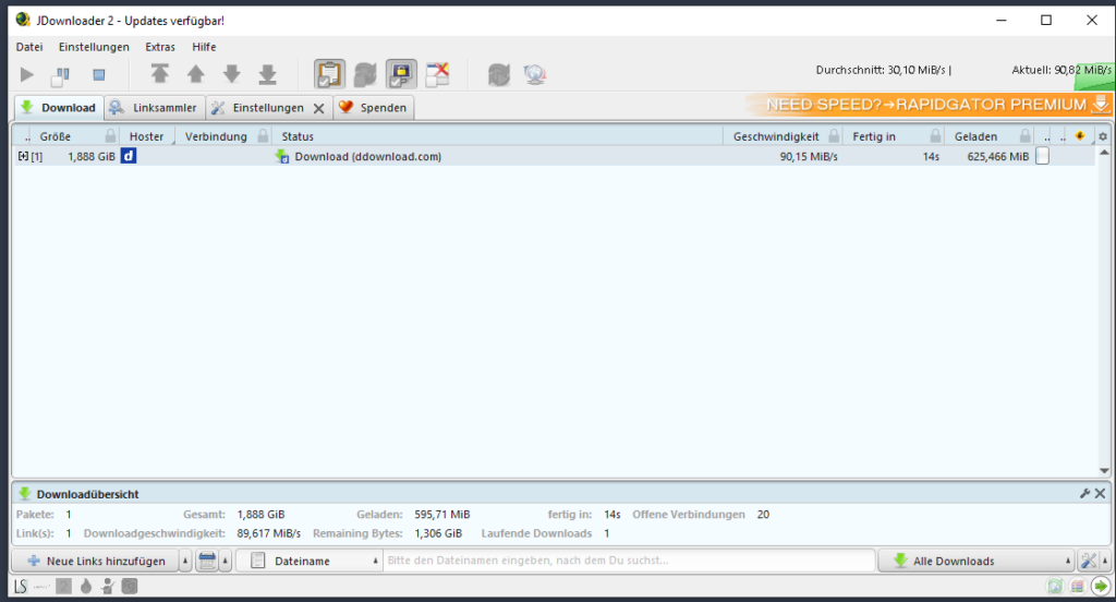 JDownloader Download über LinkSnappy und DDownload ohne VPN bei ungefähr 90 MB pro Sekunde