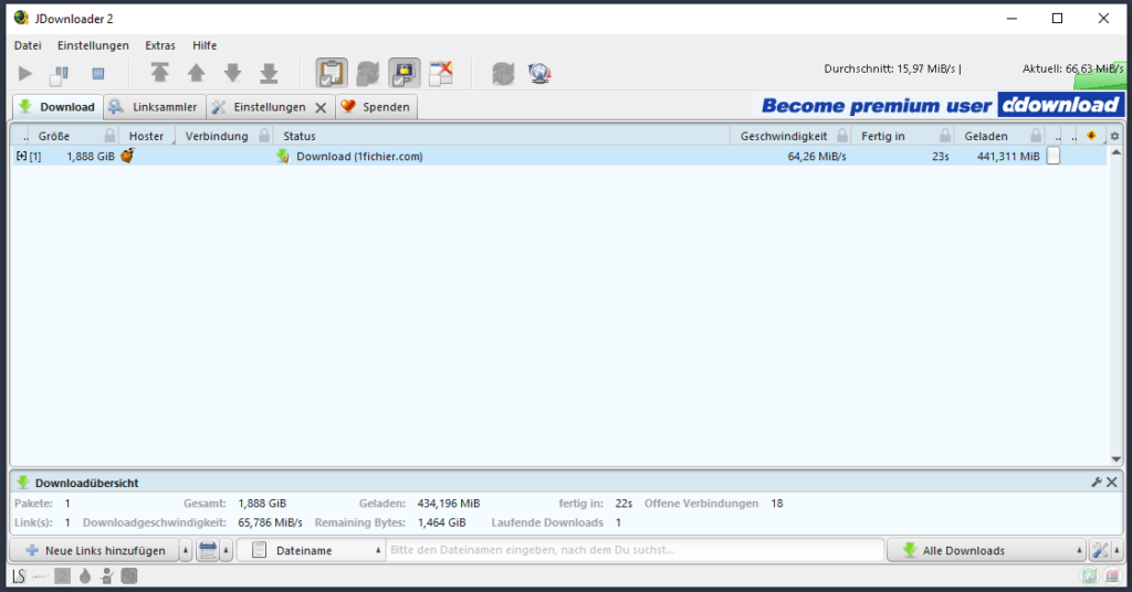 1Fichier Download über LinkSnappy mit mehr als 60 MB pro Sekunde im JDownloader