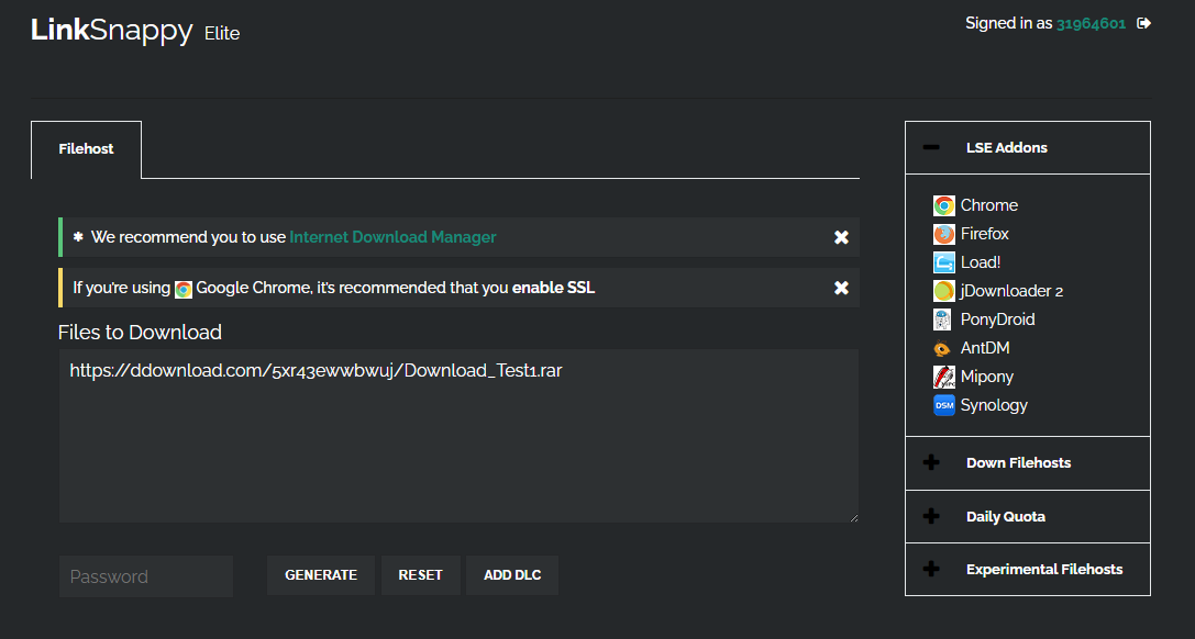 DDownload-Link im LinkSnappy Premium Link Generator vor dem Geschwindigkeitstest
