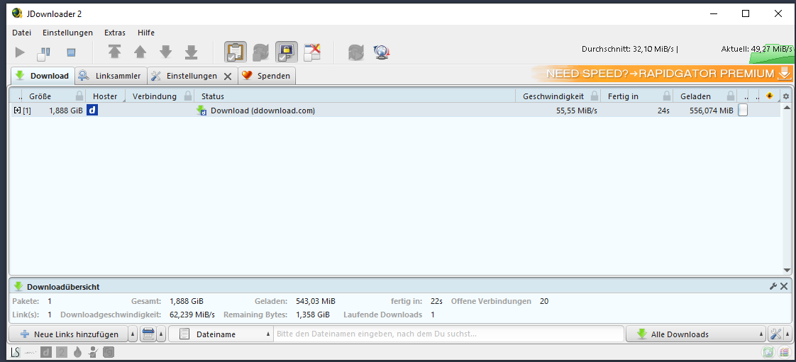 DDownload über LinkSnappy im JDownloader mit über 50 MiB pro Sekunde im Praxistest