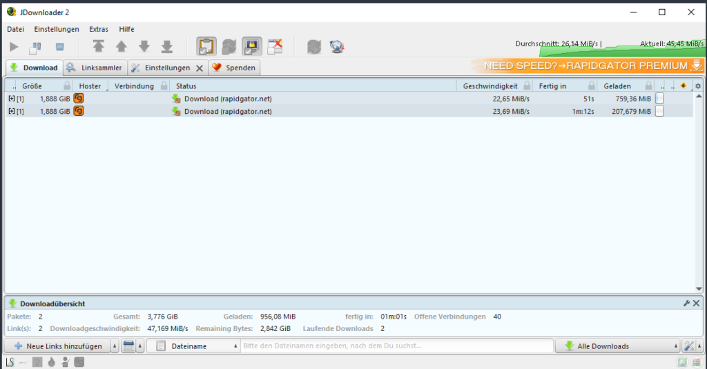 Zwei Rapidgator Dateien laden parallel über LinkSnappy mit insgesamt rund 47 MB pro Sekunde