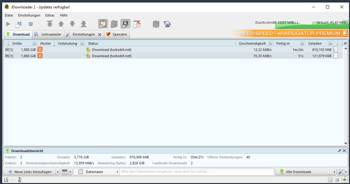 Zwei parallele Turbobit-Downloads über LinkSnappy im JDownloader 2