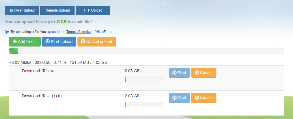Zwei Dateien werden parallel über den NitroFlare Browser Upload hochgeladen