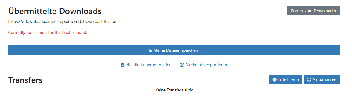 Premiumize.me DDownload Transfer mit Hinweis dass aktuell kein Account für diesen Hoster gefunden wurde